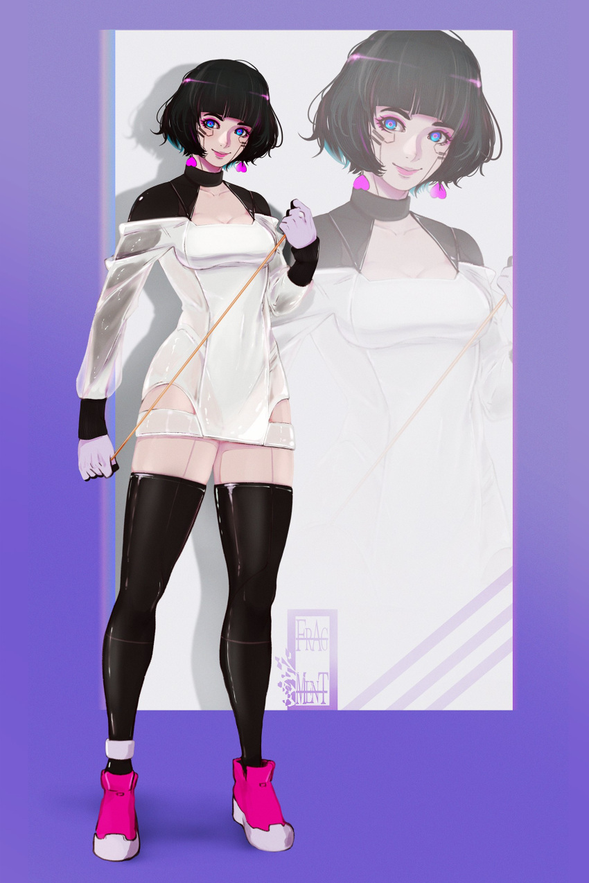 1girl, absurdres, bangs, black_thighhighs, blue_eyes, blunt_bangs, bob_cut, breasts