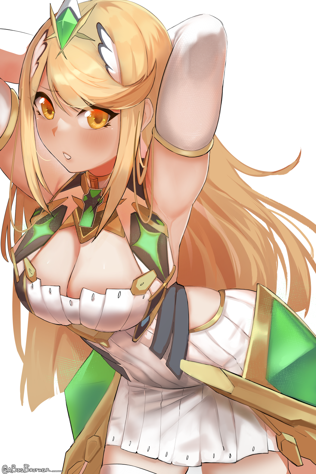 1girl, a_big_brother, armpits, arms_behind_head, blonde_hair, breasts, dress, gem