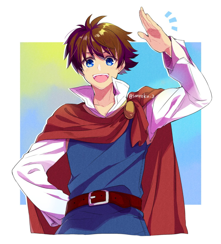 1boy, belt, belt_buckle, blue_eyes, blue_tunic, border, brown_belt, brown_hair, buckle, butz_klauser, cape, collared_shirt, final_fantasy, final_fantasy_v, gradient, gradient_background, hair_between_eyes, hand_on_hip, highres, long_sleeves, looking_at_viewer, male_focus, open_mouth, popped_collar, red_cape, sanroku_3, shirt, short_hair, smile, solo, teeth, twitter_username, upper_body, upper_teeth, waving, white_shirt