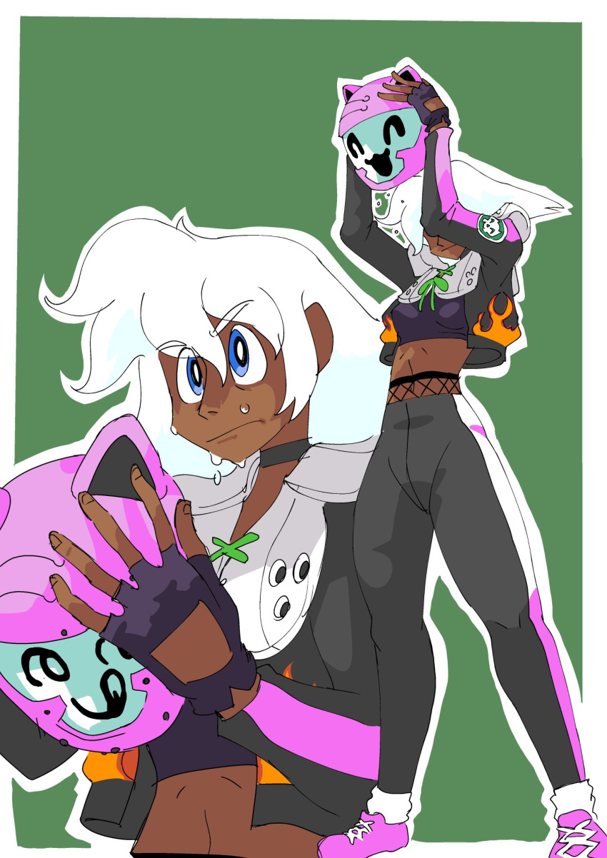 cosplay, dark_skin, destruction_allstars, fingerless_gloves, gloves, helmet, highres, holding
