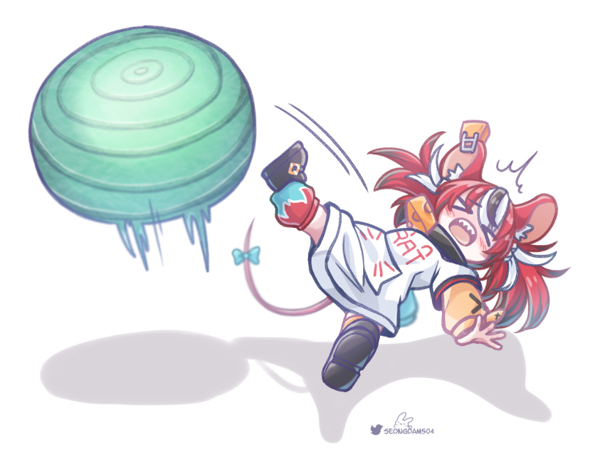 >_<, animal_ears, ball, black_hair, blush, bow, chibi, commentary