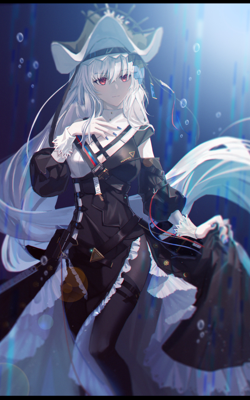 1girl, absurdres, arknights, bangs, black_dress, black_headwear, black_pantyhose, blue_nails