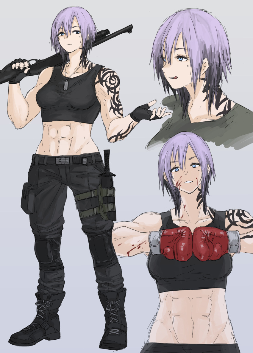 1girl, abs, absurdres, blood, blue_eyes, boxing_gloves, fingerless_gloves, fuku_(fuku12290574), gloves, gradient_hair, grey_background, gun, highres, knee_pads, knife, military, mole, mole_under_eye, multicolored_hair, original, purple_hair, short_hair, shotgun, tank_top, tattoo, tomboy, toned, weapon