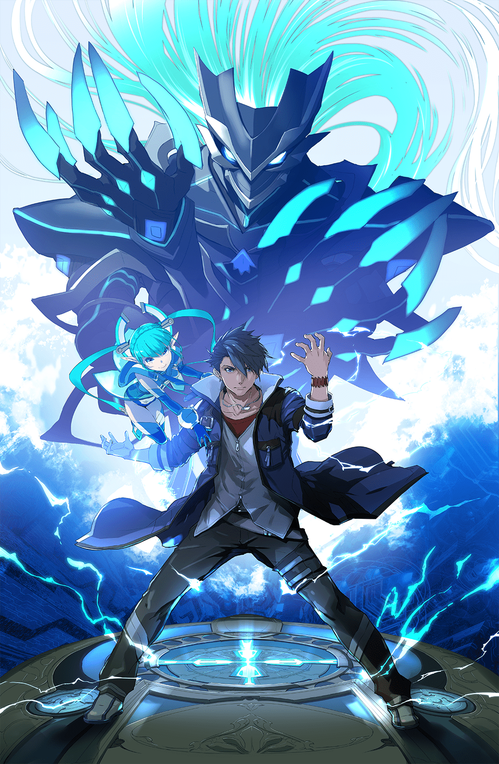 >:(, 1boy, 1girl, bangs, belt, blue_background, blue_eyes, blue_hair, blue_jacket, bodysuit, claw_pose, claws, coat, dog_tags, earrings, eiyuu_densetsu, electricity, enami_katsumi, fairy, falcom, floating, gloves, glowing, glowing_eyes, grendel_(eiyuu_densetsu), grey_vest, hair_between_eyes, hair_over_one_eye, highres, jacket, jewelry, kuro_no_kiseki, long_hair, looking_at_viewer, mare_(kuro_no_kiseki), metal_skin, monster, multicolored_hair, official_art, pants, pointy_ears, red_shirt, shirt, smile, spiky_hair, standing, thighs, third-party_source, twintails, two-tone_background, two-tone_hair, upper_body, v-shaped_eyebrows, van_arkride, very_long_hair, vest, white_background, white_bodysuit, wristband