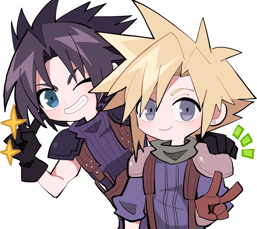 2boys, arm_around_neck, armor, belt, black_gloves, black_hair, blonde_hair, blue_eyes, blue_shirt, brown_gloves, chibi, cloud_strife, crisis_core_final_fantasy_vii, earrings, final_fantasy, final_fantasy_vii, gloves, green_scarf, grey_eyes, grin, hair_between_eyes, hand_on_another's_shoulder, highres, jewelry, male_focus, multiple_boys, one_eye_closed, scarf, shirt, short_hair, shoulder_armor, single_earring, sleeveless, sleeveless_turtleneck, sleeves_rolled_up, smile, sparkle, spiky_hair, suspenders, teeth, ttnoooo, turtleneck, upper_body, v, white_background, zack_fair
