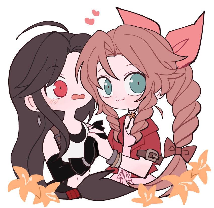 2girls, :3, absurdres, aerith_gainsborough, bangle, bangs, black_bra, black_gloves