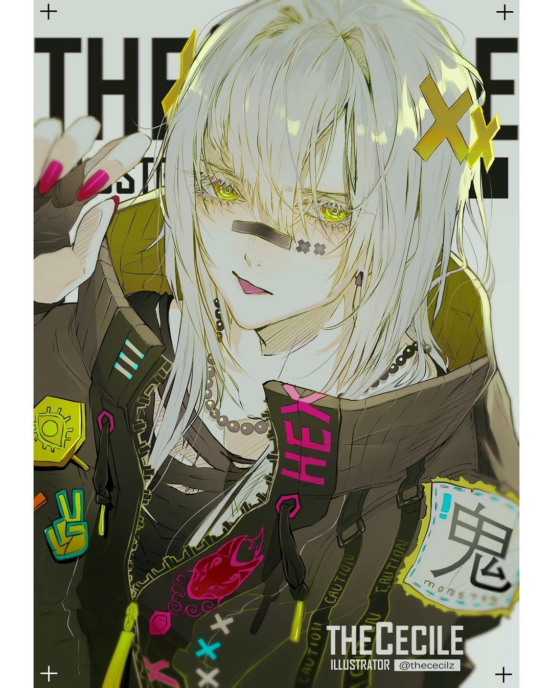 1girl, artist_name, bandaid, bandaid_on_face, bandaid_on_nose, bead_necklace, beads, black_gloves