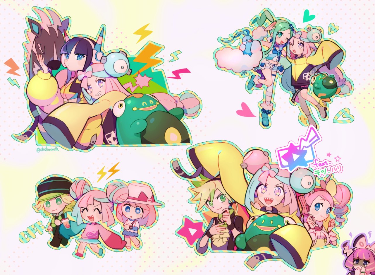1boy, 5girls, altaria, arm_warmers, bangs, bellibolt, blue_eyes, blunt_bangs