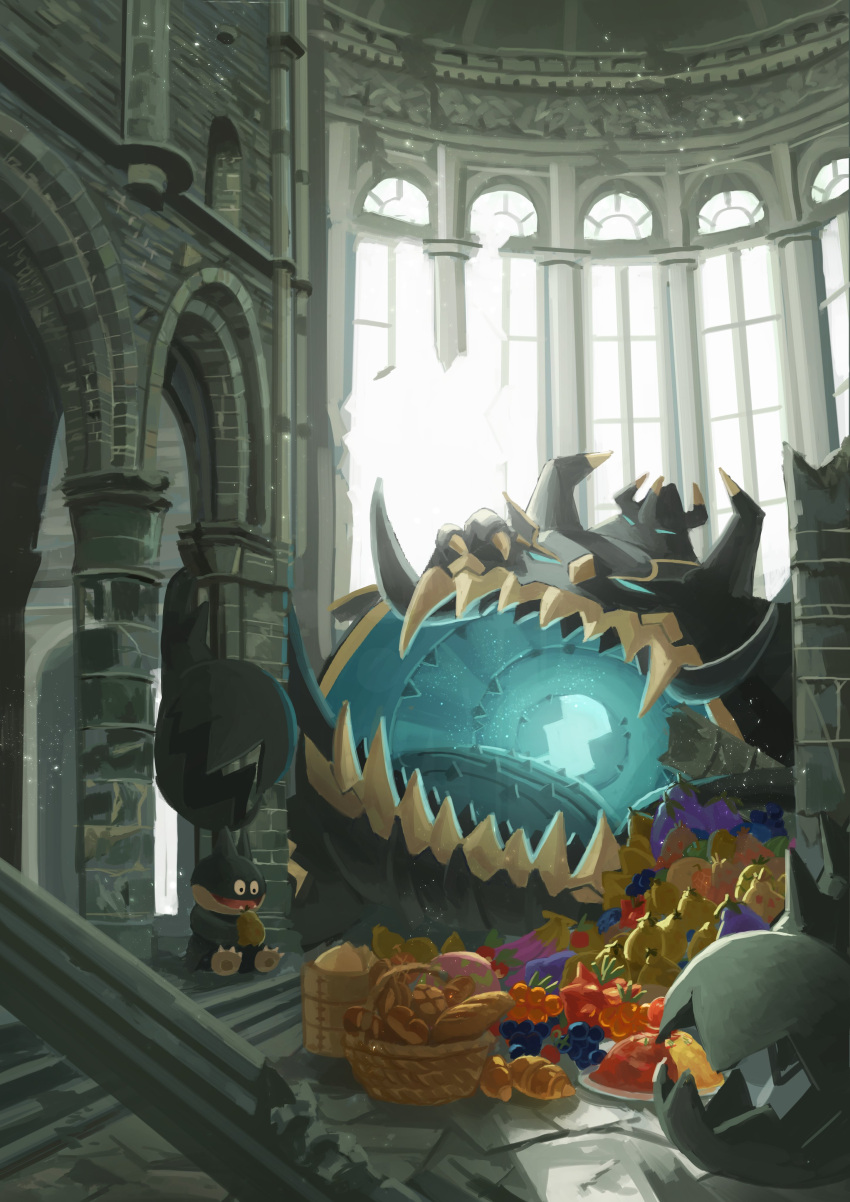 absurdres, basket, berry_(pokemon), bread, commentary, croissant, food, green_eyes, guzzlord, highres, indoors, king_joe_(neoroto), munchlax, no_humans, open_mouth, pillar, pokemon, pokemon_(creature), sitting, stairs