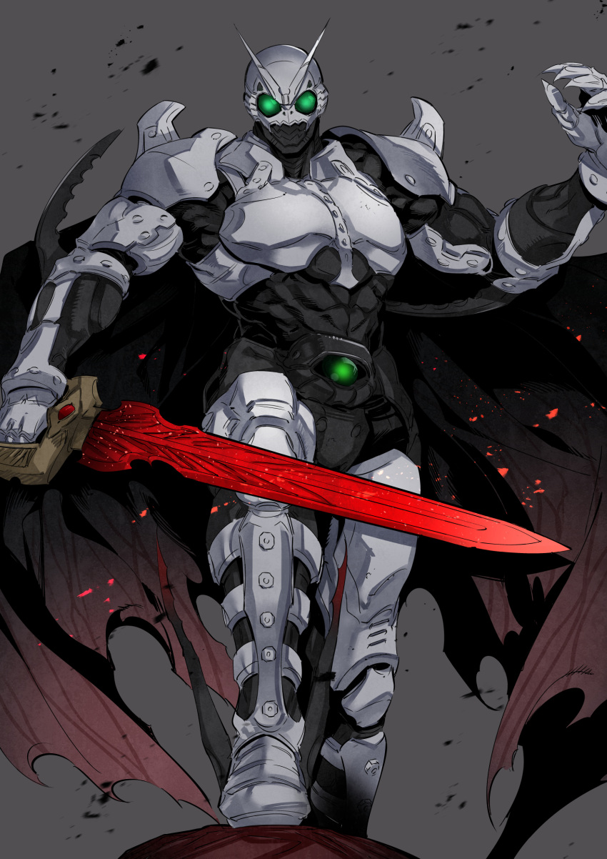 1boy, antennae, arm_blade, armor, belt, black_cape, cape, gloves