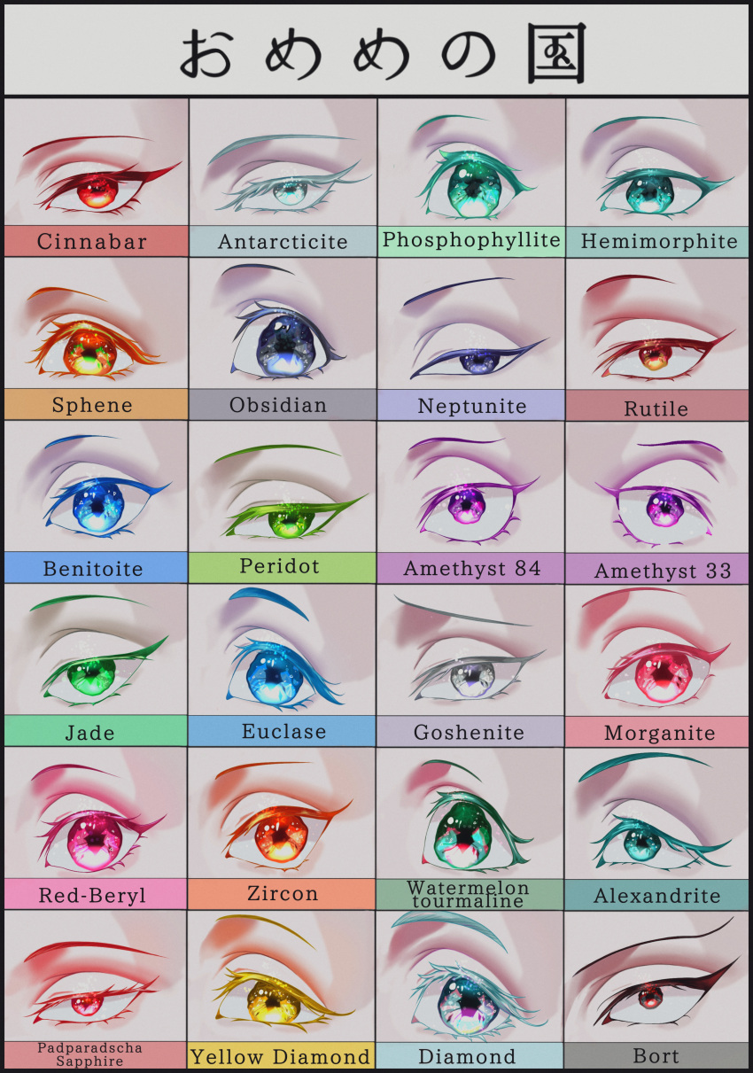 6+others, absurdres, alexandrite_(houseki_no_kuni), amethyst_(houseki_no_kuni), antarcticite, aqua_eyes, benitoite_(houseki_no_kuni), blue_eyes, bort, character_name, chart, cinnabar_(houseki_no_kuni), colored_eyelashes, diamond_(houseki_no_kuni), euclase_(houseki_no_kuni), eye_focus, eyelashes, goshenite_(houseki_no_kuni), green_eyes, grey_eyes, hemimorphite_(houseki_no_kuni), higashi_mendako, highres, houseki_no_kuni, jade_(houseki_no_kuni), looking_at_viewer, morganite_(houseki_no_kuni), multicolored_eyes, multiple_others, neptunite_(houseki_no_kuni), obsidian_(houseki_no_kuni), orange_eyes, other_focus, out_of_frame, padparadscha_(houseki_no_kuni), phosphophyllite, pink_eyes, red_beryl_(houseki_no_kuni), red_eyes, rutile_(houseki_no_kuni), sanpaku, sparkling_eyes, sphene_(houseki_no_kuni), violet_eyes, watermelon_tourmaline_(houseki_no_kuni), yellow_diamond_(houseki_no_kuni), yellow_eyes, zircon_(houseki_no_kuni)
