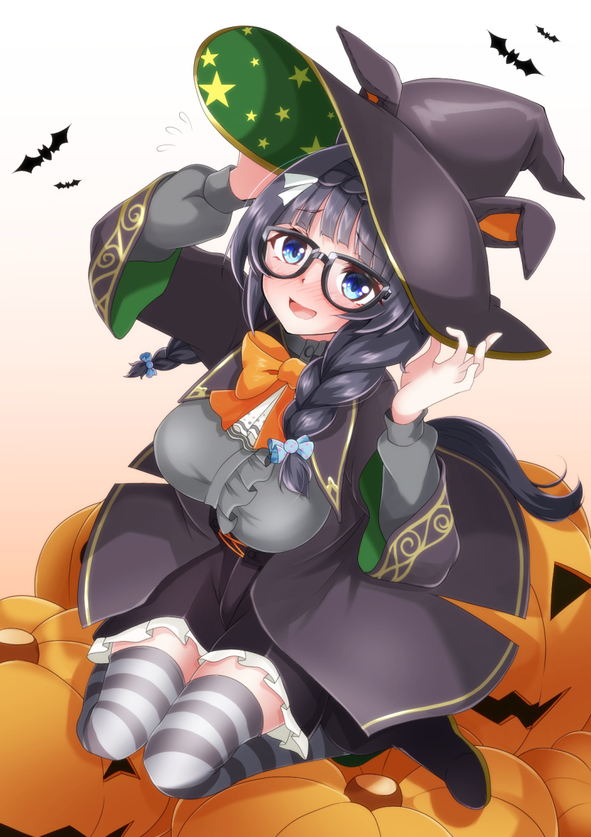 1girl, adjusting_clothes, adjusting_headwear, animal_ears, bangs, bat_(animal), black-framed_eyewear, black_coat