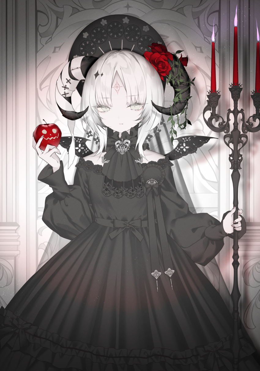 1girl, absurdres, apple, ascot, bandaged_horns, bangs, black_ascot, black_dress