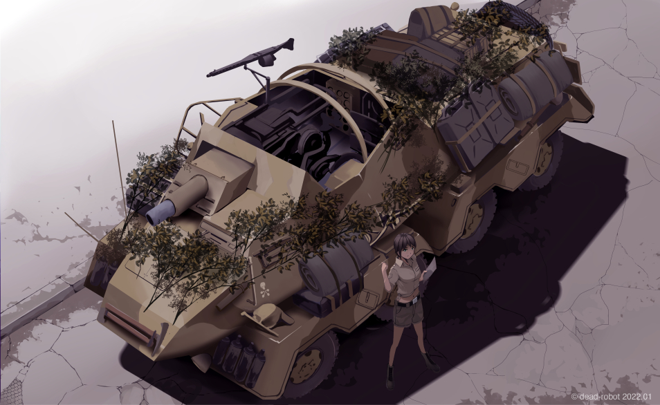 1girl, adapted_uniform, afrika_korps, armored_vehicle, belt, black_hair, boots, dead-robot