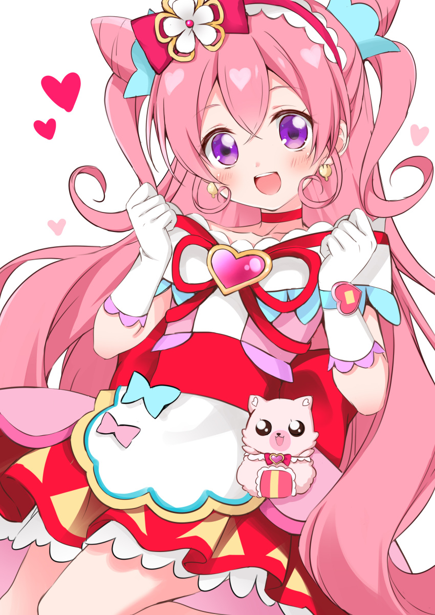 1girl, absurdres, apron, bangs, blush, brooch, choker, cone_hair_bun, cure_precious, delicious_party_precure, earrings, gloves, hair_bun, heart, heart_brooch, highres, huge_bow, jewelry, kome-kome_(precure), korie_riko, looking_at_viewer, magical_girl, nagomi_yui, open_mouth, pink_choker, pink_hair, precure, ribbon, smile, solo, spoken_heart, violet_eyes, waist_apron