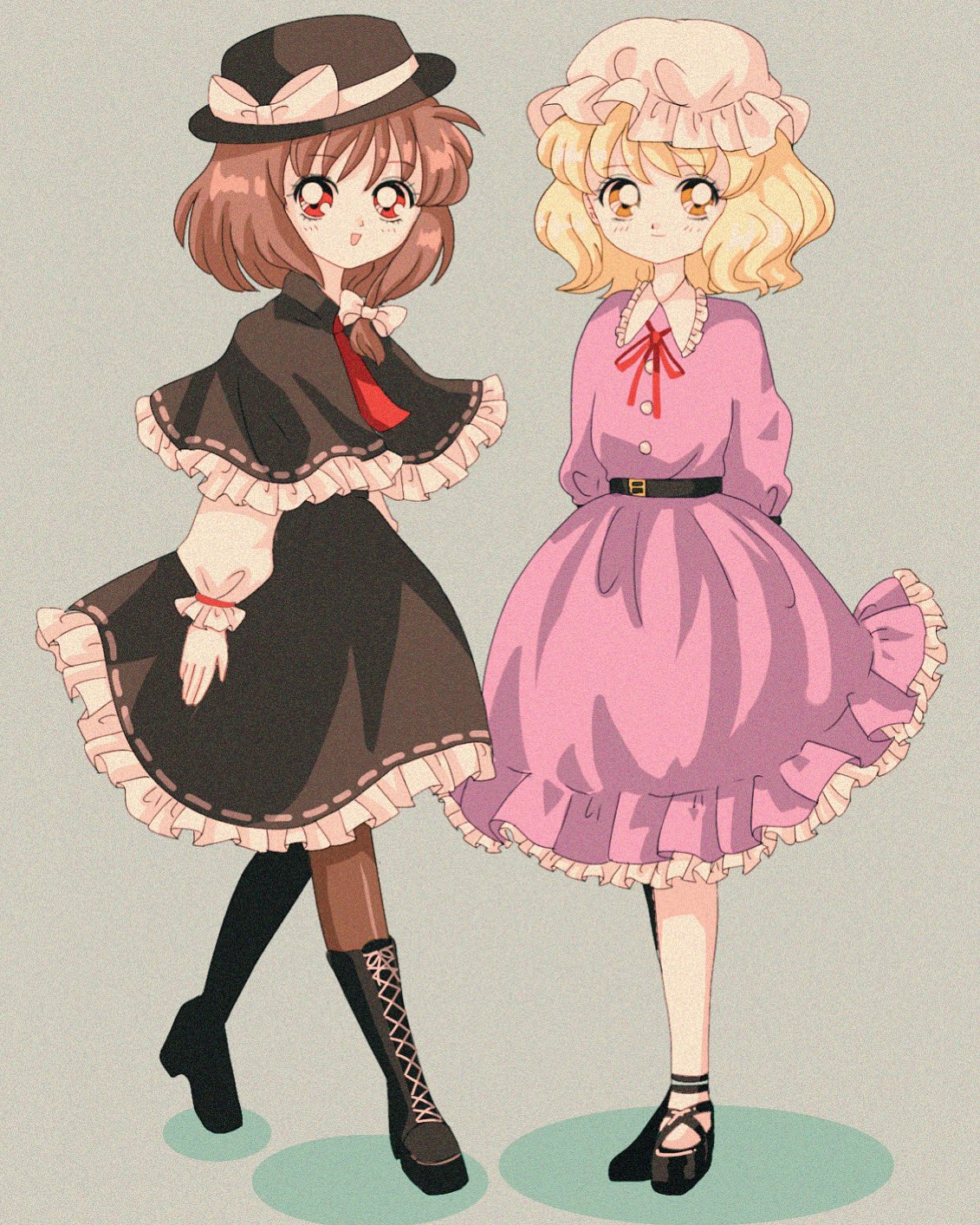 2girls, bangs, belt, black_capelet, black_footwear, black_headwear, black_skirt, blonde_hair