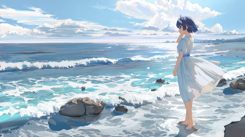1girl, bangs, barefoot, beach, blue_eyes, blue_hair, blue_sky, blunt_ends