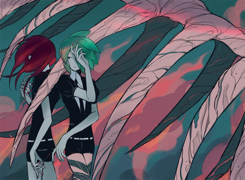 2others, androgynous, back-to-back, bone, cinnabar_(houseki_no_kuni), commentary, cowboy_shot, english_commentary