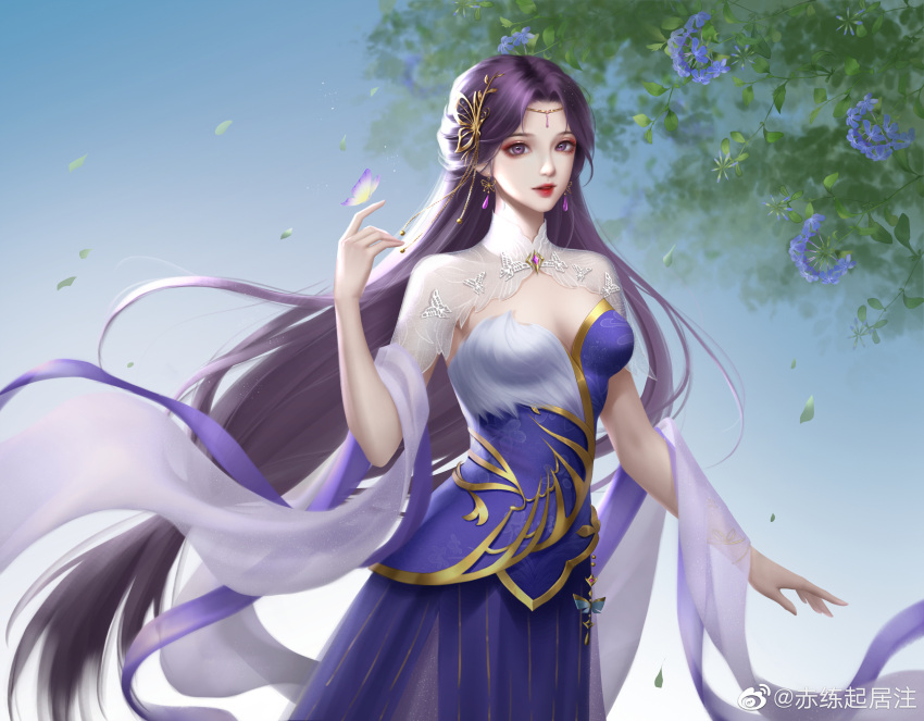 1girl, artist_request, blue_sky, bug, butterfly, earrings, falling_leaves, flower, hagoromo, highres, index_finger_raised, jewelry, leaf, long_hair, looking_at_viewer, parted_lips, purple_hair, second-party_source, shawl, shiny, shiny_hair, sky, solo, sparkle, upper_body, violet_eyes, wanmei_shijie, yun_xi_(wanmei_shijie)