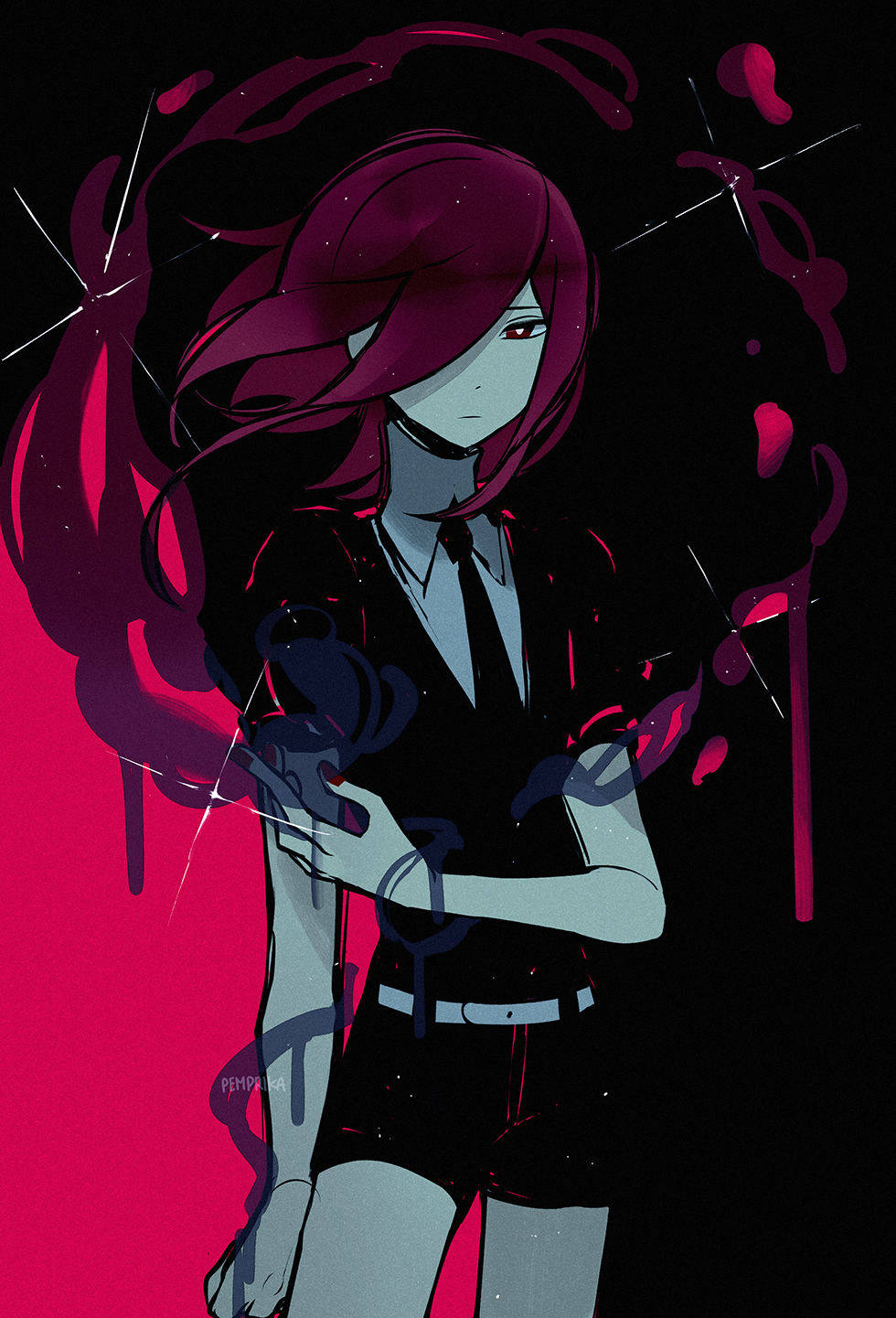 1other, androgynous, belt, cinnabar_(houseki_no_kuni), commentary, cowboy_shot, english_commentary, floating_hair