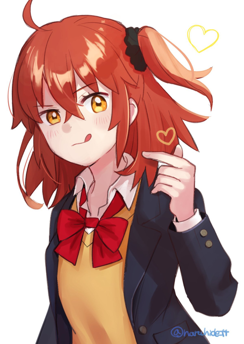 1girl, ahoge, bangs, black_jacket, blush, bow, bowtie, collared_shirt