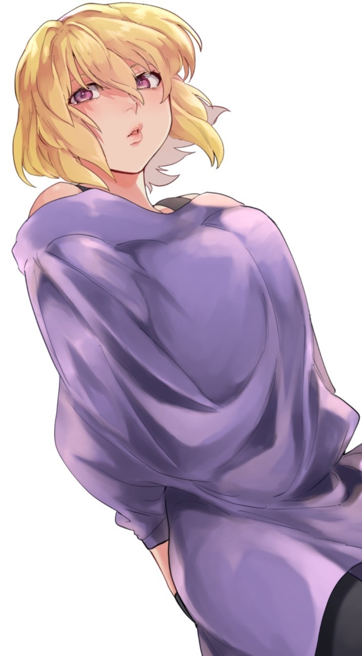 1girl, arms_behind_back, black_pants, blonde_hair, breasts, cosplay, dutch_angle, four_murasame, four_murasame_(cosplay), from_side, gundam, gundam_seed, gundam_seed_destiny, hair_between_eyes, highres, lips, medium_hair, otenki93, pants, parted_lips, solo, stellar_loussier, violet_eyes, white_background, zeta_gundam