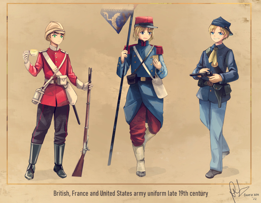 1853_enfield, 3boys, absurdres, america_(hetalia), american_civil_war, ammunition_pouch, axis_powers_hetalia, backwards_hat, belt, blonde_hair, boots, canteen, colt_1860_army, cup, english_text, epaulettes, france_(hetalia), fuura, gaiters, green_eyes, grin, gun, hat, helmet, highres, holding, holding_cup, holster, kepi, light_brown_hair, looking_to_the_side, male_focus, medium_hair, military, military_hat, military_uniform, multiple_boys, musket, open_mouth, pouch, revolver, short_hair, signature, smile, soldier, teacup, uniform, united_kingdom_(hetalia), violet_eyes, weapon