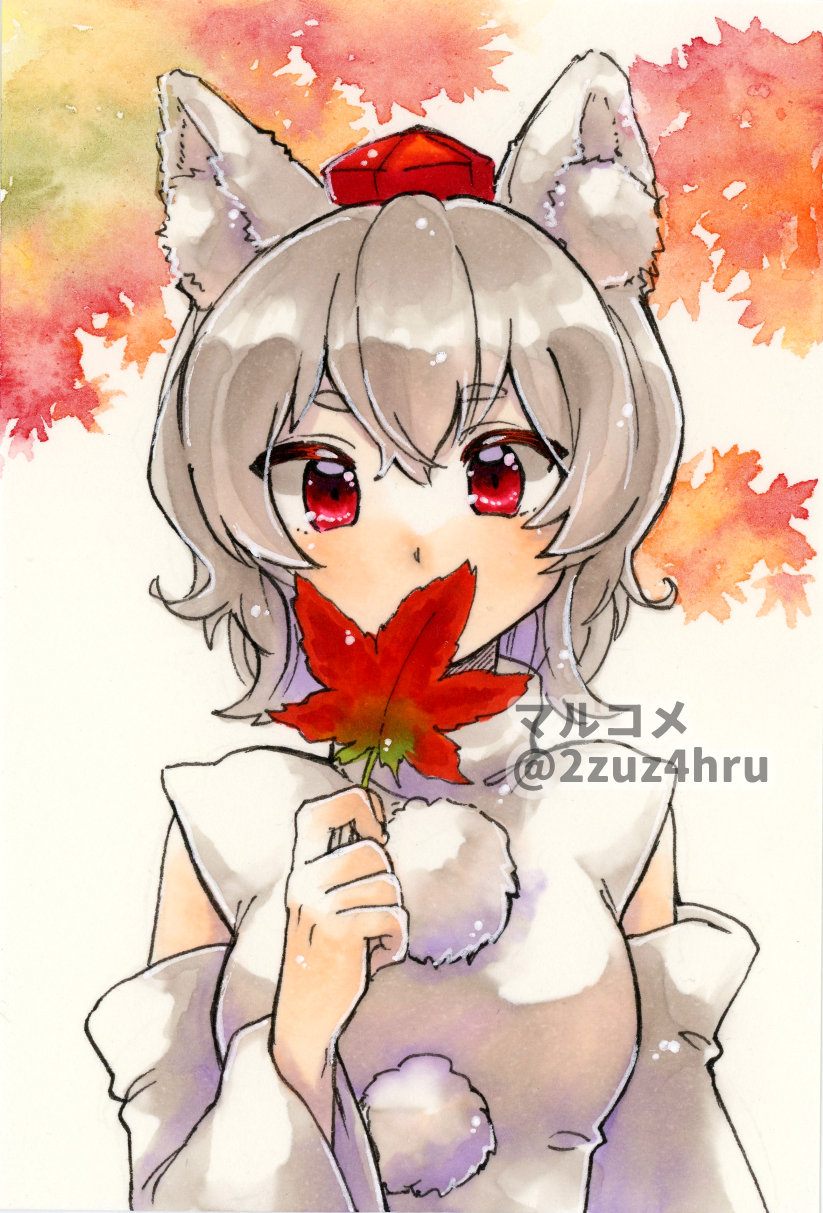 1girl, 2zuz4hru, animal_ear_fluff, animal_ears, artist_name, commentary_request, covering_mouth, detached_sleeves