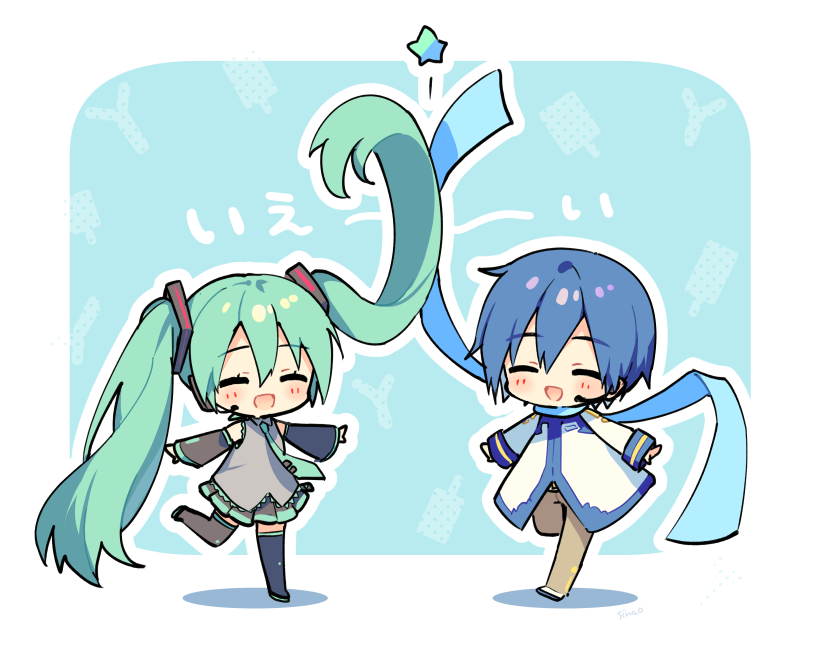 1boy, 1girl, ^_^, aqua_background, aqua_hair, aqua_necktie, black_footwear, black_skirt