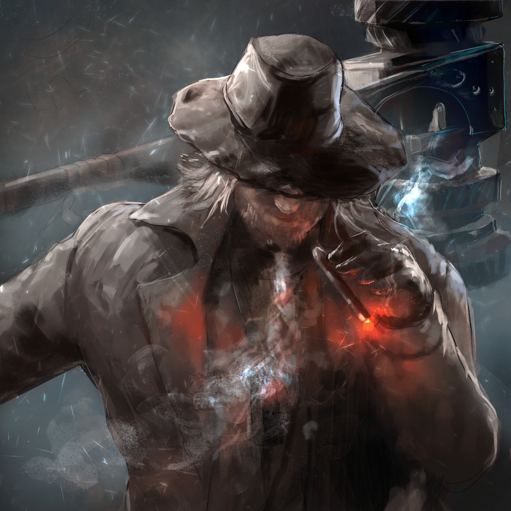 1boy, beard, black_gloves, black_headwear, brown_coat, cigar, coat, facial_hair, gaikotsurkgk_(tatsu), gloves, hammer, hat, karl_heisenberg, male_focus, outdoors, resident_evil, resident_evil_village, smoke, smoking, upper_body, white_hair