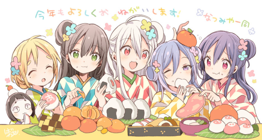5girls, :3, :d, :o, ahoge, bangs, blonde_hair, blue_flower