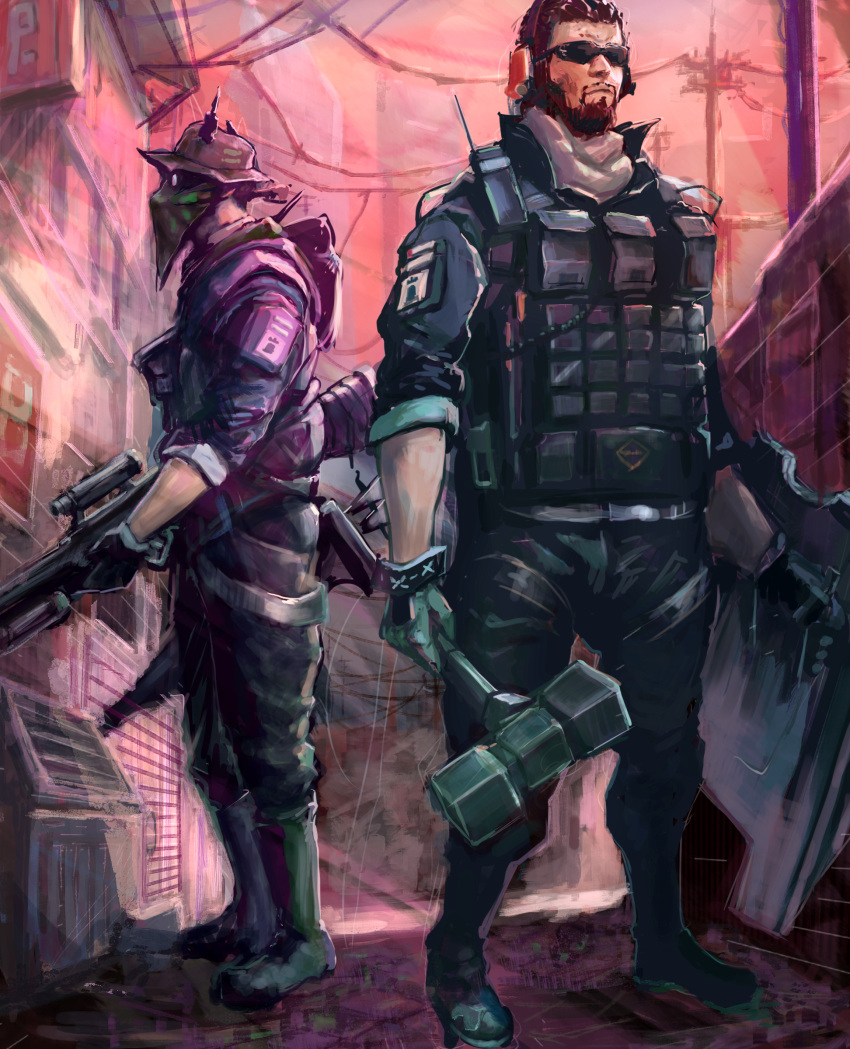 2boys, absurdres, ace_(arknights), arknights, armor, beard, black_footwear, black_pants