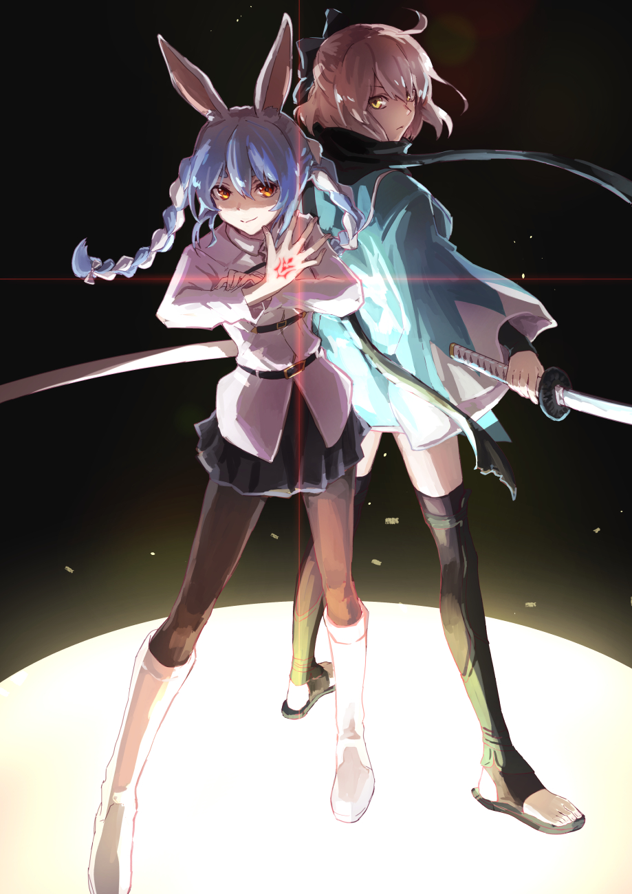 2girls, animal_ears, arm_guards, black_bow, black_scarf, black_skirt, blonde_hair, blue_hair