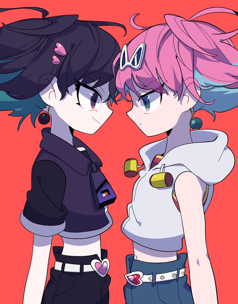 2girls, beauty_(bobobo-bo_bo-bobo), belt, bigizumi, blue_eyes, bobobo-bo_bo-bobo, closed_mouth, crop_top, denim, earrings, heart, jeans, jewelry, midriff, multiple_girls, navel, pants, pink_hair, short_hair, short_sleeves, simple_background, sleeveless, smile