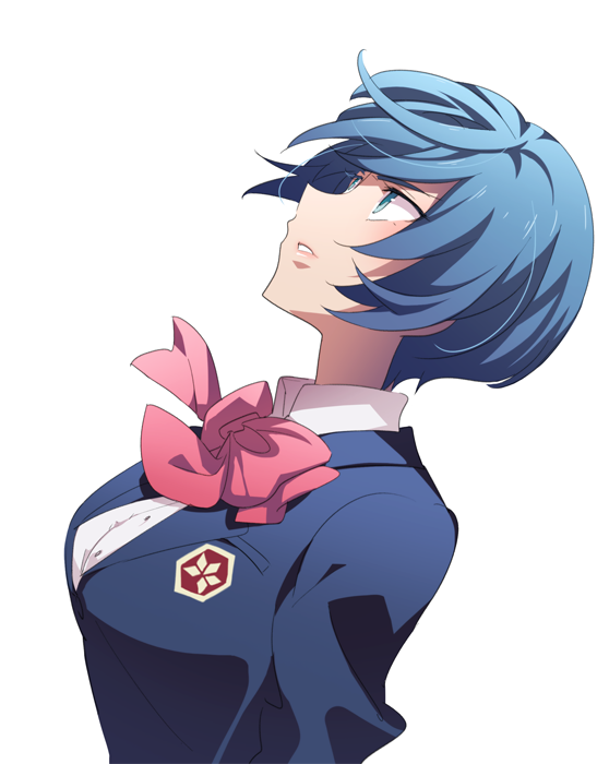 1girl, blue_eyes, blue_hair, bow, bowtie, breasts, cota, looking_up, medium_breasts, megaton_musashi, pink_bow, pink_bowtie, profile, saotome_momoka, school_uniform, short_hair, simple_background, solo, upper_body, white_background
