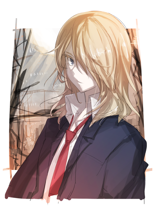 1boy, amemiya_reiji, blonde_hair, cota, hair_over_one_eye, long_hair, looking_at_viewer, male_focus, megaton_musashi, necktie, red_necktie, solo, upper_body