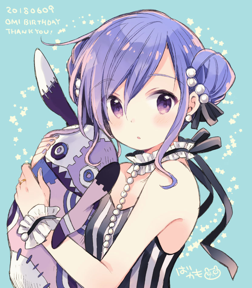 1girl, :o, bangs, birthday, black_dress, black_ribbon, blue_background, blue_hair
