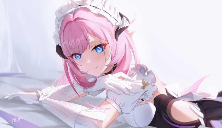1girl, bangs, blue_eyes, closed_eyes, dress, elf, elysia_(honkai_impact), elysia_(miss_pink_elf)_(honkai_impact), frilled_dress, frills, gloves, highres, honkai_(series), honkai_impact_3rd, long_hair, looking_at_viewer, lying, maid, maid_headdress, on_stomach, ooo_wange, pink_hair, pointy_ears, ponytail, signature, solo, white_gloves