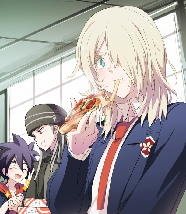 3boys, amemiya_reiji, blonde_hair, blue_eyes, character_request, cota, dreadlocks, eating, food, hair_over_one_eye, hat, ichidaji_yamato, indoors, long_sleeves, male_focus, megaton_musashi, multiple_boys, necktie, pizza, red_necktie, school_uniform, spiky_hair