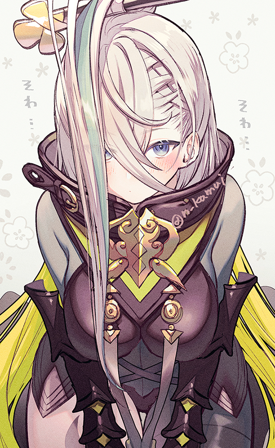 1girl, asymmetrical_legwear, blue_eyes, blush, breasts, fate/grand_order, fate_(series), floral_background
