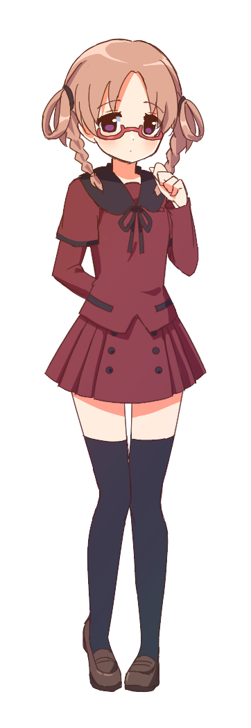 1girl, arm_behind_back, bangs, black_ribbon, black_thighhighs, blush, braid, brown_eyes, brown_footwear, brown_hair, buttons, dot_mouth, dot_nose, glasses, hair_rings, hand_up, heel_up, hiiragi_nemu, layered_sleeves, loafers, long_sleeves, looking_at_viewer, magia_record:_mahou_shoujo_madoka_magica_gaiden, mahou_shoujo_madoka_magica, medium_hair, miniskirt, neck_ribbon, parted_bangs, pigeon-toed, pleated_skirt, pocket, red-framed_eyewear, red_shirt, red_skirt, ribbon, ruru_(rurumagi), sankyouin_academy_school_uniform, school_uniform, semi-rimless_eyewear, shirt, shoes, short_over_long_sleeves, short_sleeves, simple_background, skirt, solo, thigh-highs, transparent_background, twin_braids, twintails, under-rim_eyewear, wing_collar