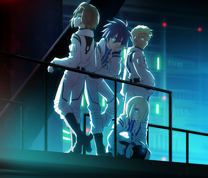 4boys, against_railing, amemiya_reiji, asami_teru, blonde_hair, blue_eyes, blue_hair, brown_hair