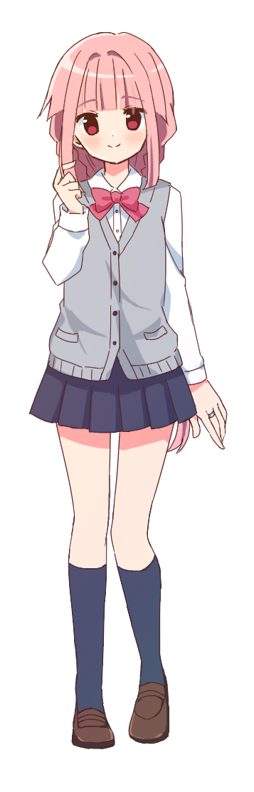 1girl, arm_at_side, bangs, blue_skirt, blue_socks, blunt_bangs, blush, bow, bowtie, braid, brown_footwear, buttons, cardigan, collared_shirt, dot_nose, full_body, grey_cardigan, grey_vest, hand_up, heel_up, jewelry, kneehighs, loafers, long_hair, long_sleeves, looking_at_viewer, low_ponytail, magia_record:_mahou_shoujo_madoka_magica_gaiden, mahou_shoujo_madoka_magica, miniskirt, pink_bow, pink_bowtie, pink_eyes, pink_hair, playing_with_own_hair, pocket, ring, ruru_(rurumagi), school_uniform, shirt, shoes, side_braids, sidelocks, simple_background, skirt, smile, socks, solo, split_mouth, standing, straight-on, takarazaki_school_uniform, tamaki_iroha, transparent_background, very_long_hair, vest, white_shirt