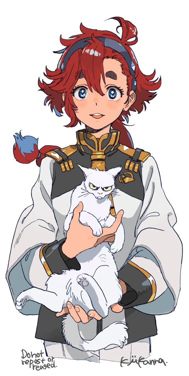 1girl, animal, artist_name, asymmetrical_bangs, bangs, blue_eyes, cat, cowlick, cropped_torso, gundam, gundam_suisei_no_majo, hairband, highres, holding, holding_animal, holding_cat, jacket, kiikanna, long_hair, long_sleeves, looking_at_viewer, low_ponytail, open_mouth, redhead, simple_background, smile, solo, suletta_mercury, teeth, thick_eyebrows, upper_body, upper_teeth, white_background, white_jacket