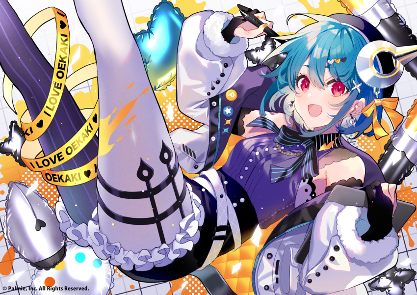 1girl, asymmetrical_legwear, balloon, bangs, black_gloves, blue_hair, bow, buttons, earrings, gloves, hair_ornament, jewelry, looking_at_viewer, mismatched_legwear, open_mouth, palmie, partially_fingerless_gloves, red_eyes, saine, short_hair, shorts, smile, solo, striped, striped_bow, striped_thighhighs, thigh-highs, vertical_stripes
