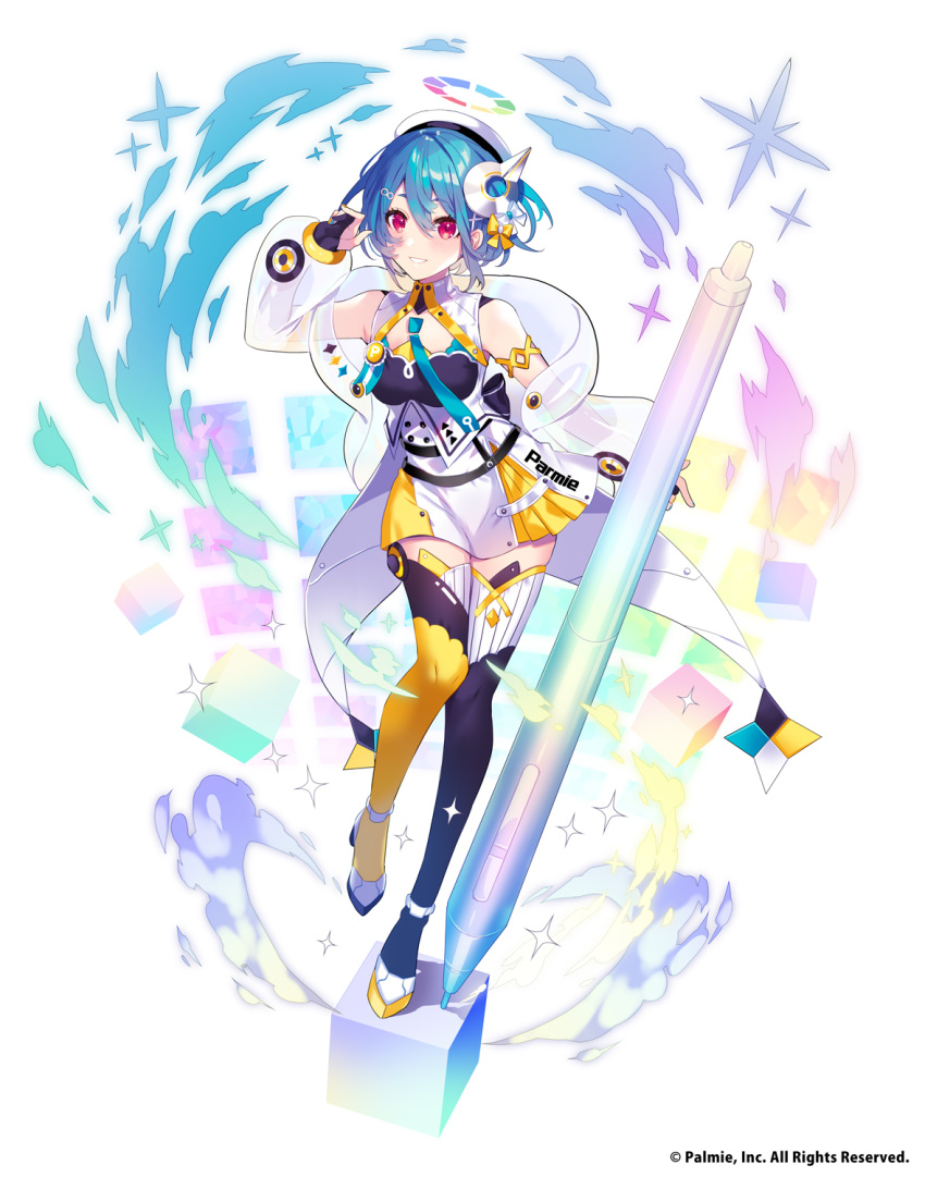 1girl, asymmetrical_legwear, bangs, blue_hair, breasts, character_request, full_body, glitter, hair_between_eyes, hair_ornament, hat, highres, medium_breasts, mismatched_legwear, palmie, puffy_sleeves, red_eyes, saine, short_hair, skirt, solo, stylus, white_background