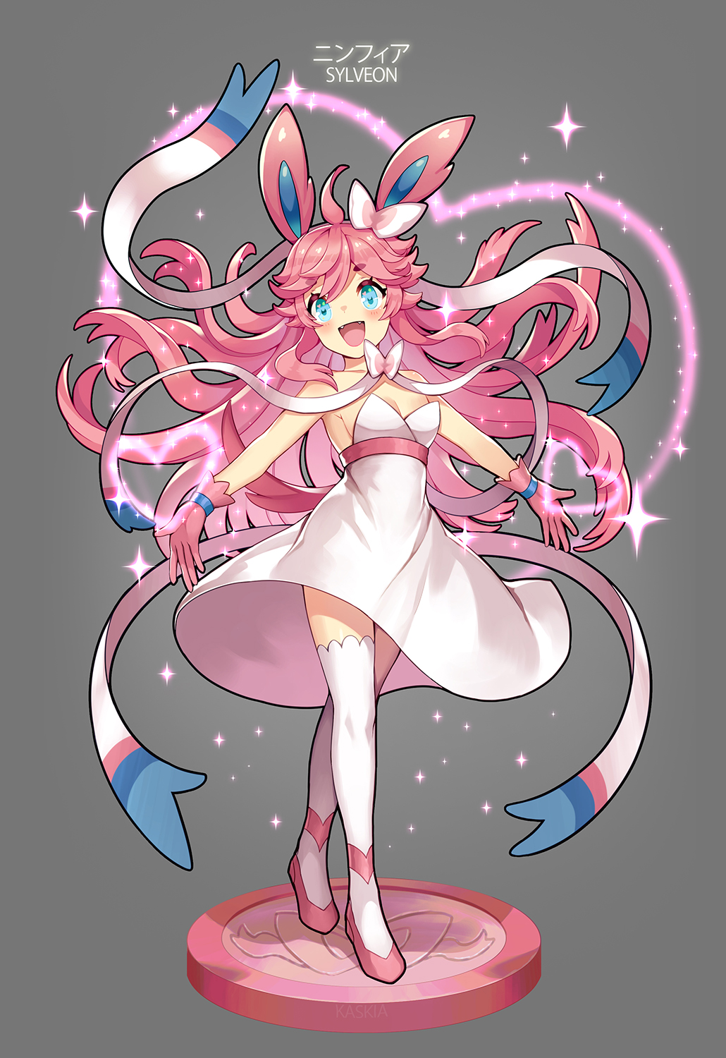 1girl, :d, ahoge, animal_ears, artist_name, asymmetrical_legwear, bare_arms, bare_shoulders