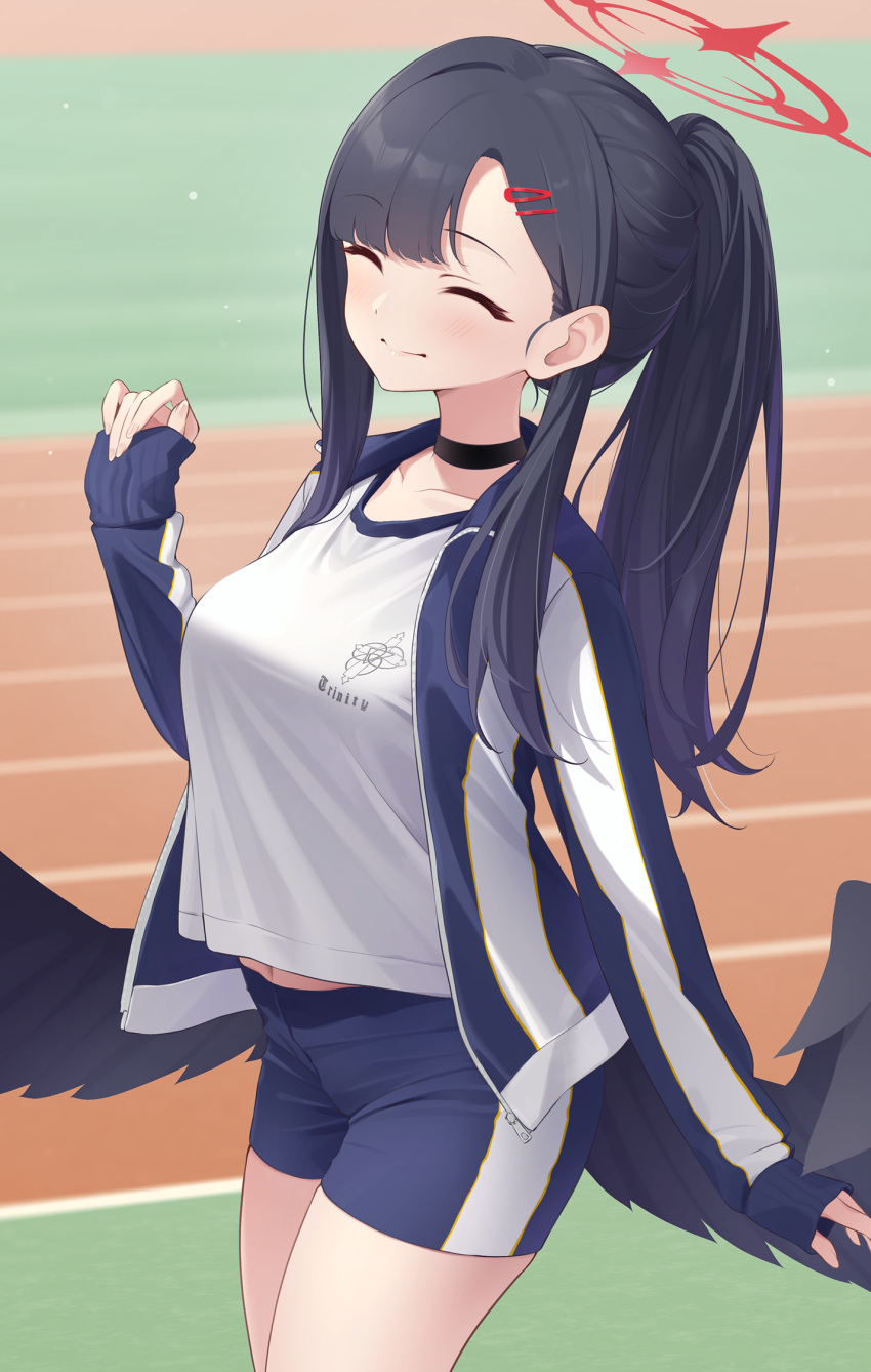 1girl, bike_shorts, bird_wings, black_choker, black_hair, black_shorts, black_wings, blue_archive