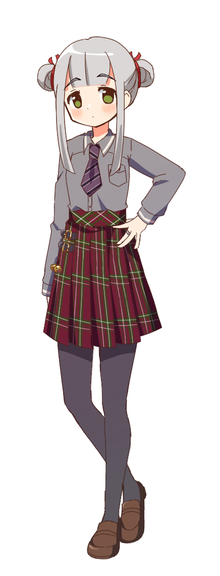 1girl, arm_at_side, bangs, bell, blunt_bangs, blush, brown_footwear, collared_shirt