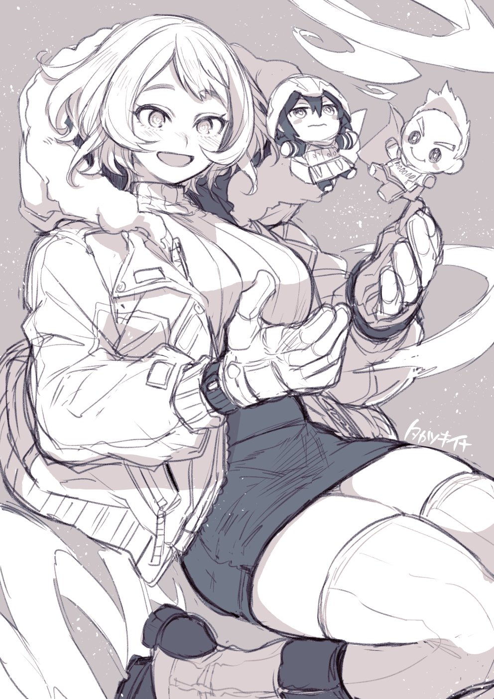 1girl, 2boys, amajiki_tamaki, artist_name, boku_no_hero_academia, boots, breasts, chibi
